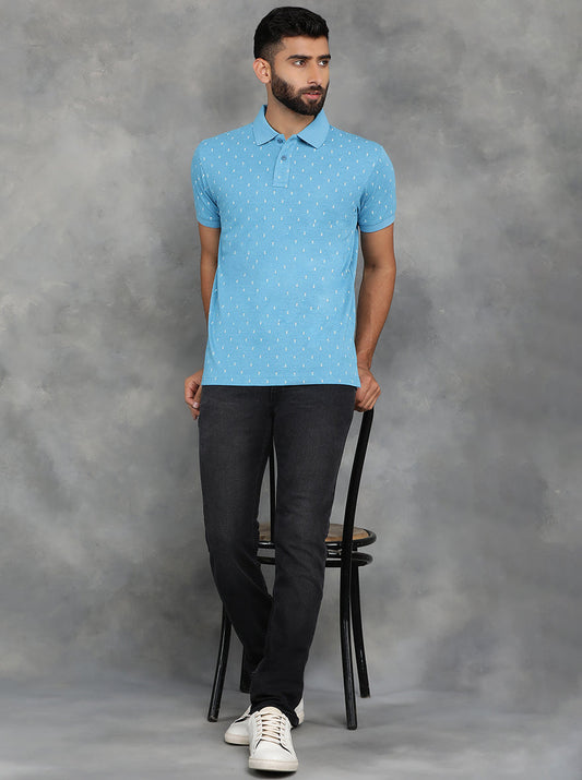 Light Blue Printed Slim Fit Polo T-Shirt | GreenFibre