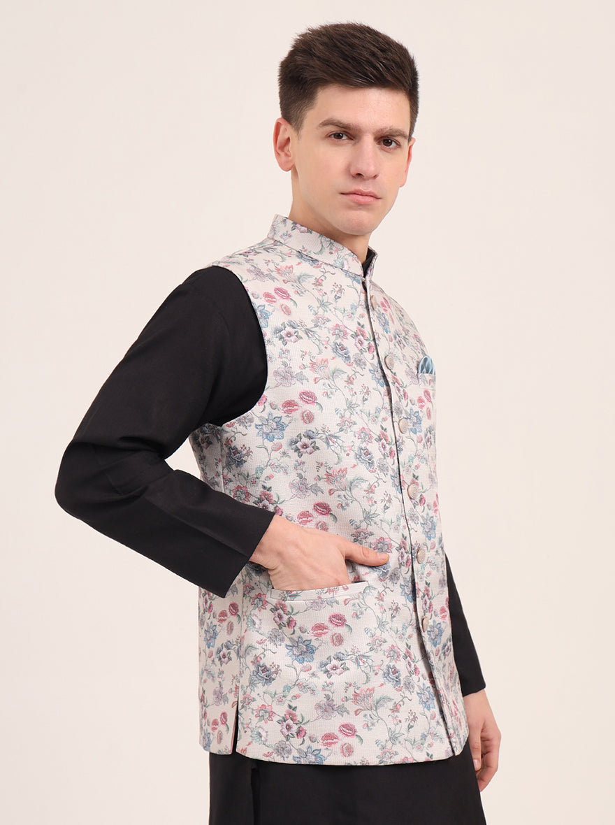 Cream Printed Regular Fit Bandhgala Jacket | JB Studio