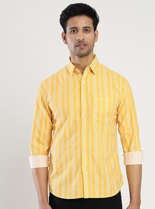 Yellow Striped Slim Fit Casual Shirt | Greenfibre