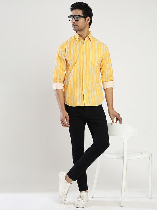 Yellow Striped Slim Fit Casual Shirt | Greenfibre