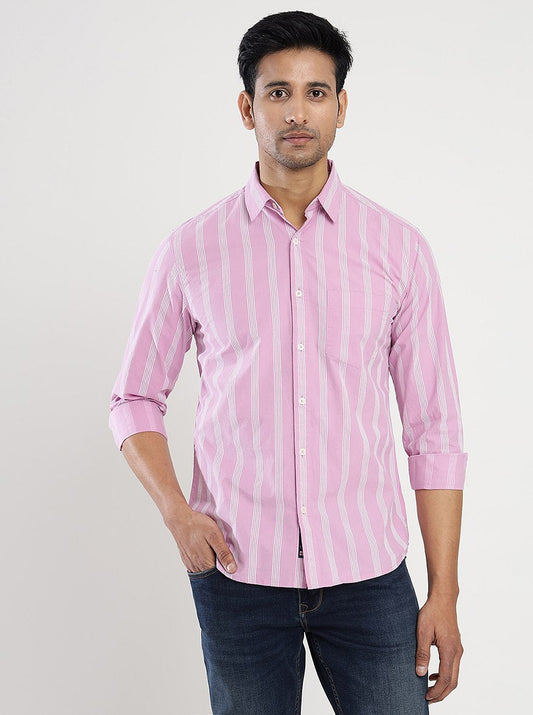 Pink Striped Slim Fit Casual Shirt | Greenfibre