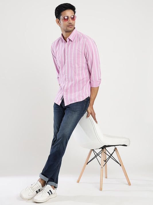 Pink Striped Slim Fit Casual Shirt | Greenfibre