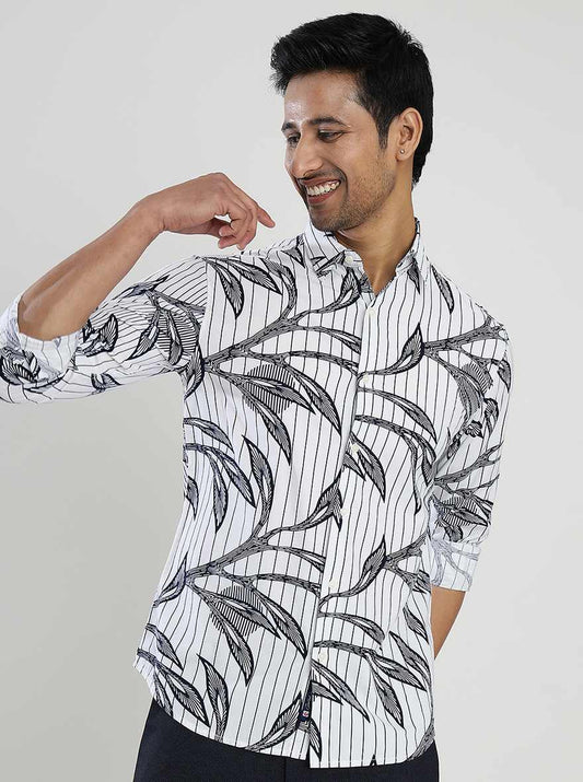 White Printed Slim Fit Casual Shirt | Greenfibre