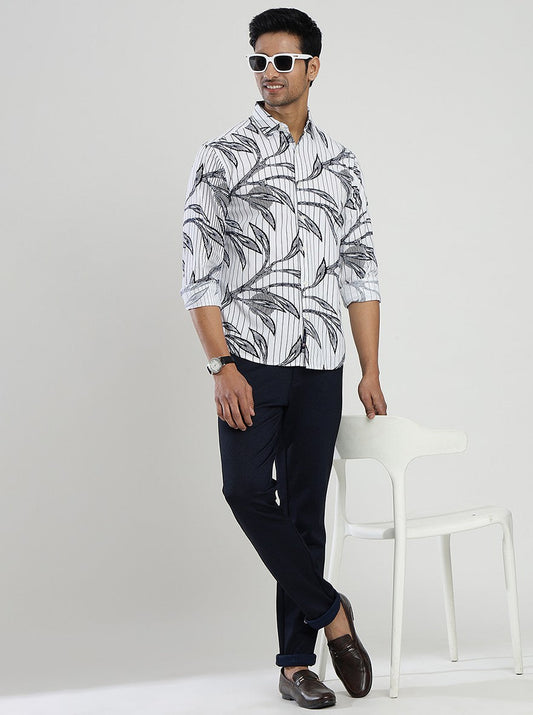 White Printed Slim Fit Casual Shirt | Greenfibre