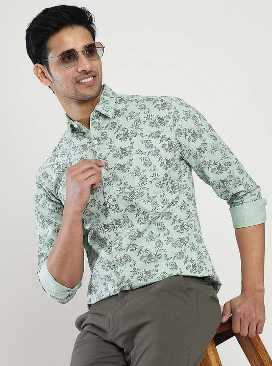 Pista Green Printed Slim Fit Casual Shirt | Greenfibre