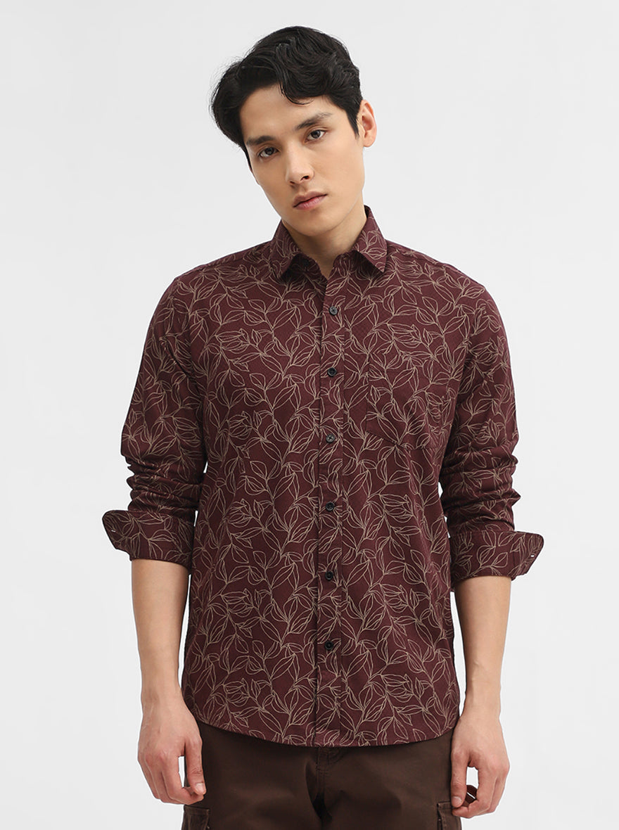 Wine Printed Tailored Fit Semi Casual Shirt | Greenfibre