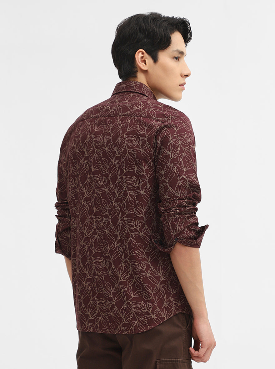Wine Printed Tailored Fit Semi Casual Shirt | Greenfibre