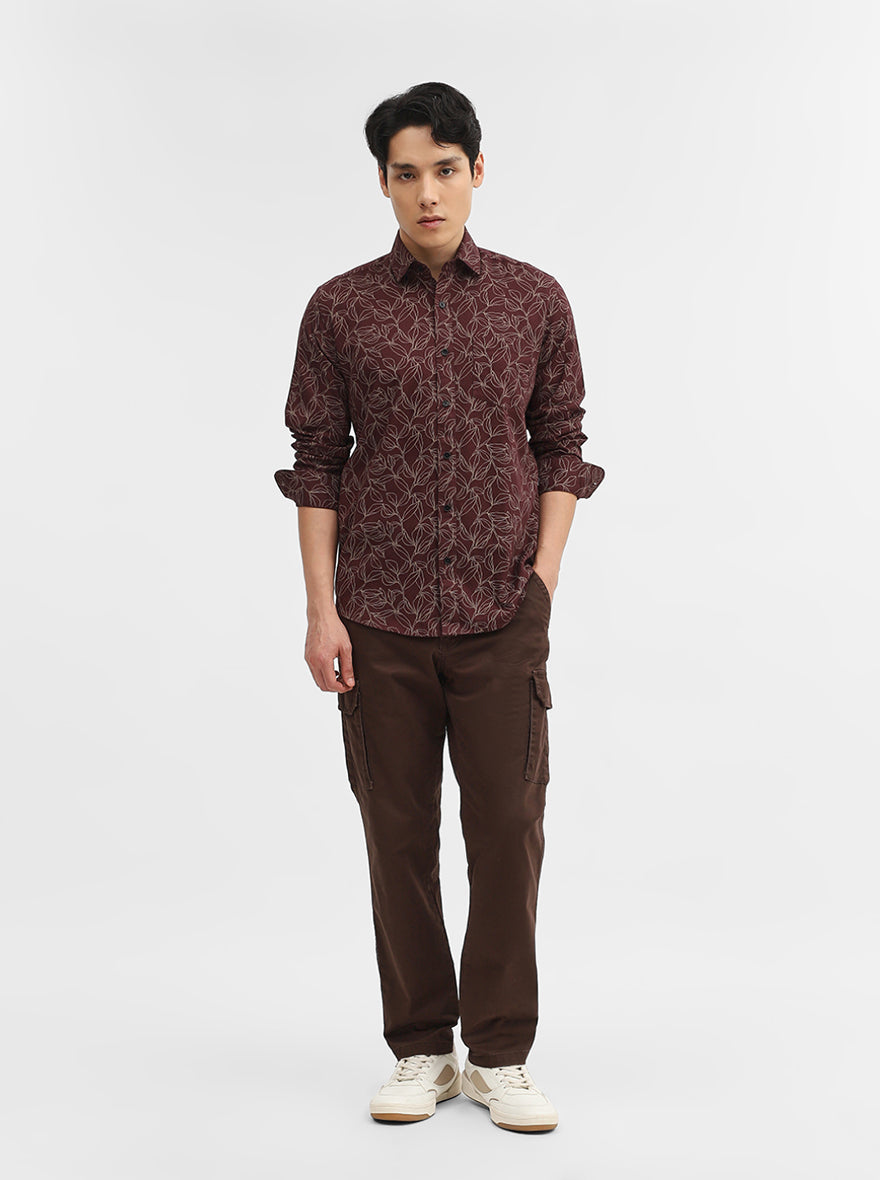 Wine Printed Tailored Fit Semi Casual Shirt | Greenfibre
