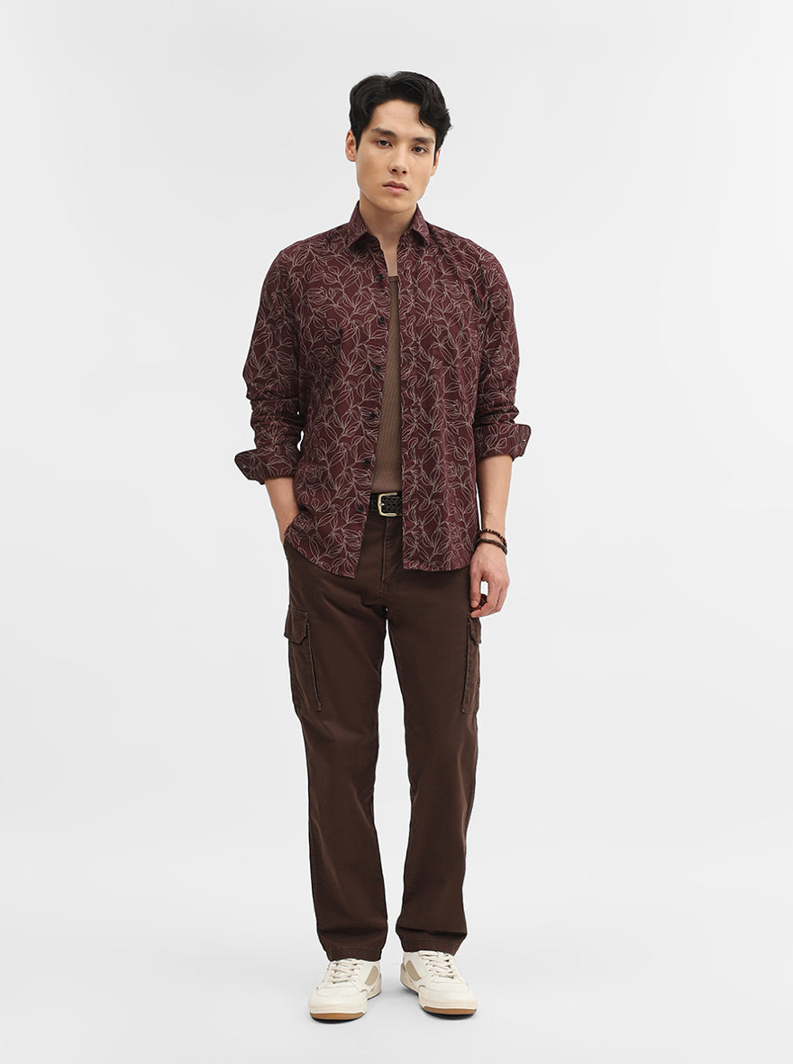 Wine Printed Tailored Fit Semi Casual Shirt | Greenfibre