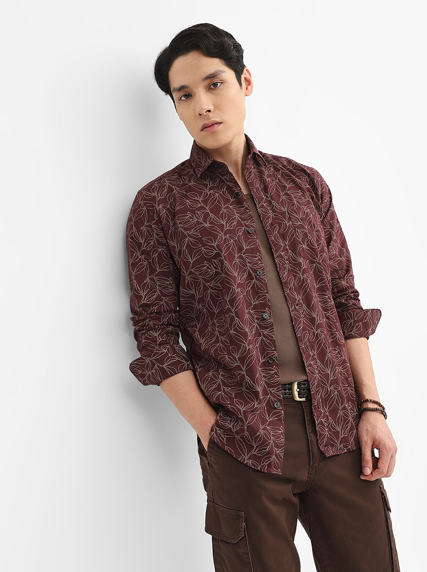 Wine Printed Tailored Fit Semi Casual Shirt | Greenfibre