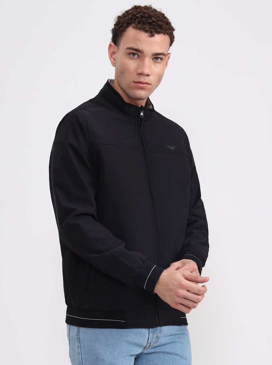 Black & Light Grey Solid Slim Fit Winter Jacket | Greenfibre