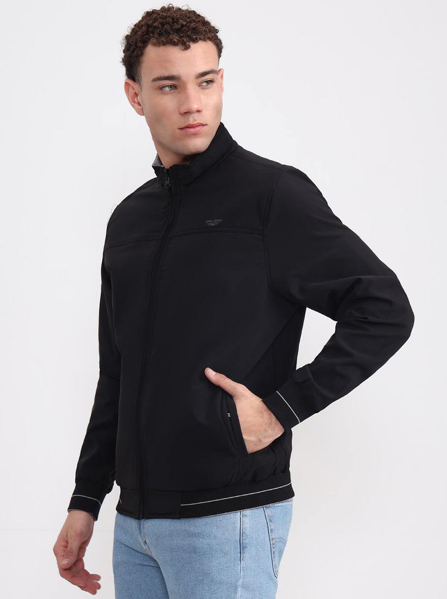 Black & Light Grey Solid Slim Fit Winter Jacket | Greenfibre
