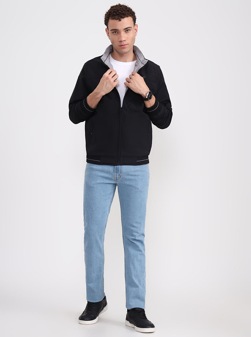 Black & Light Grey Solid Slim Fit Winter Jacket | Greenfibre
