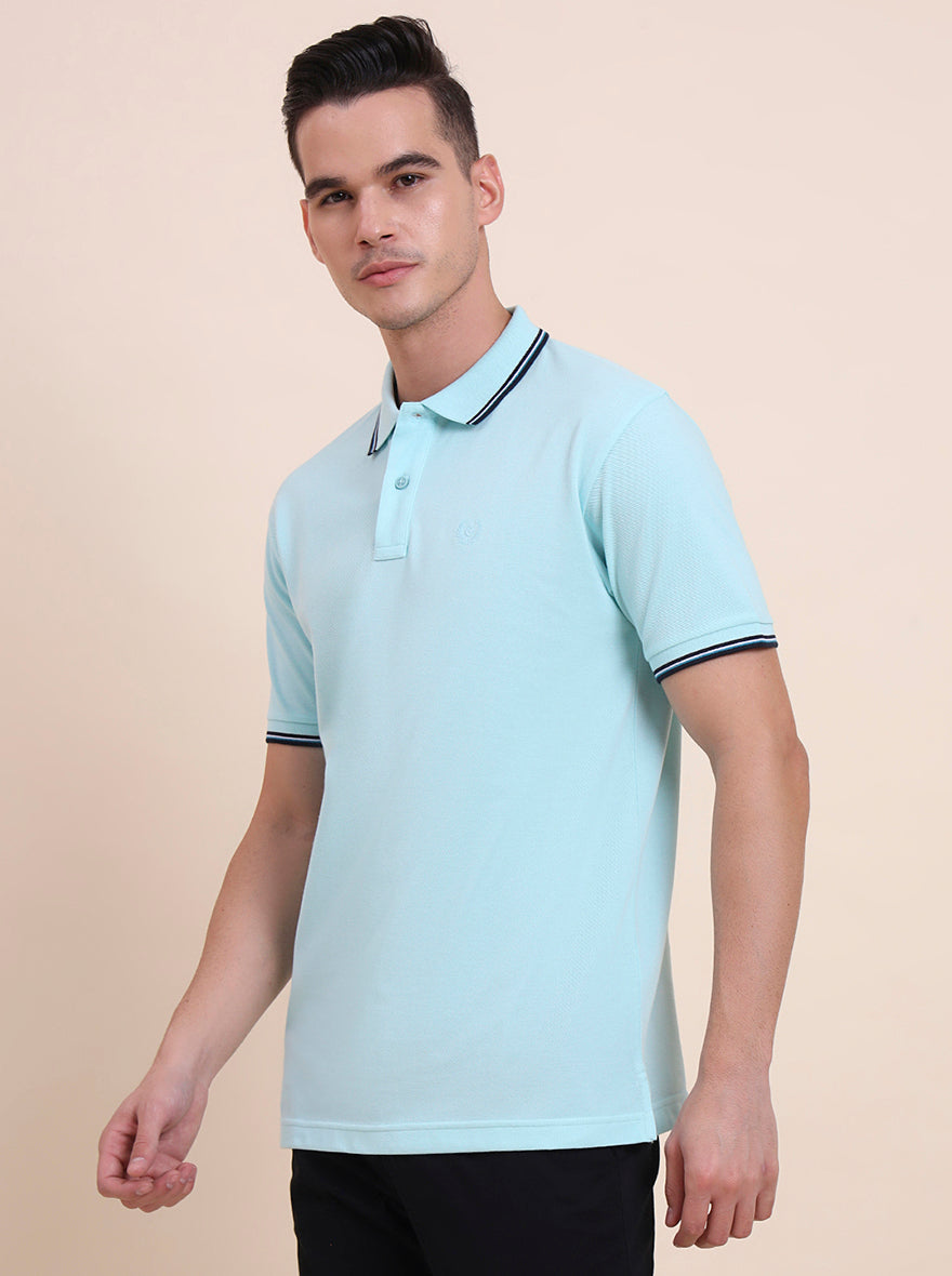Aruba Blue Solid Slim Fit Polo T-Shirt | Greenfibre