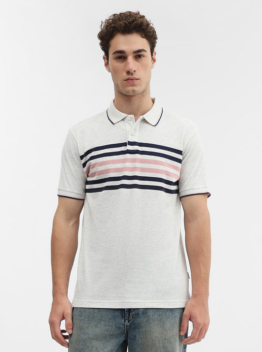 Ecru Grey & Blue Striped Slim Fit Polo T-Shirt | Greenfibre