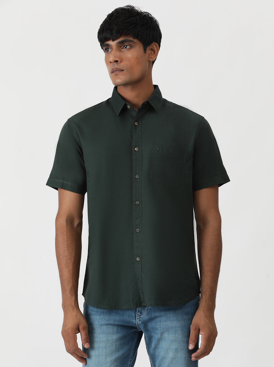 Olive Green Solid Slim Fit Casual Shirt | Greenfibre