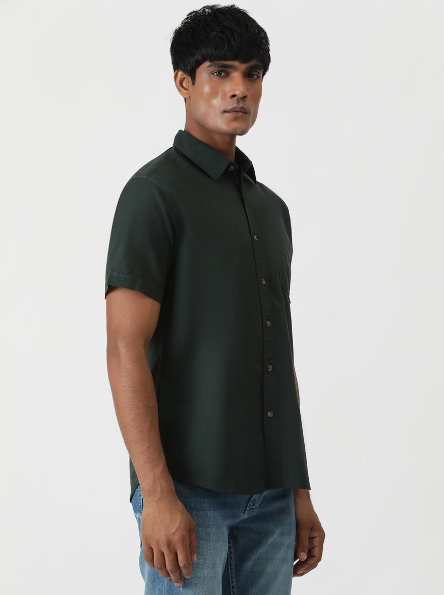 Olive Green Solid Slim Fit Casual Shirt | Greenfibre