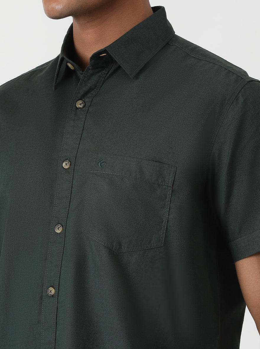 Olive Green Solid Slim Fit Casual Shirt | Greenfibre