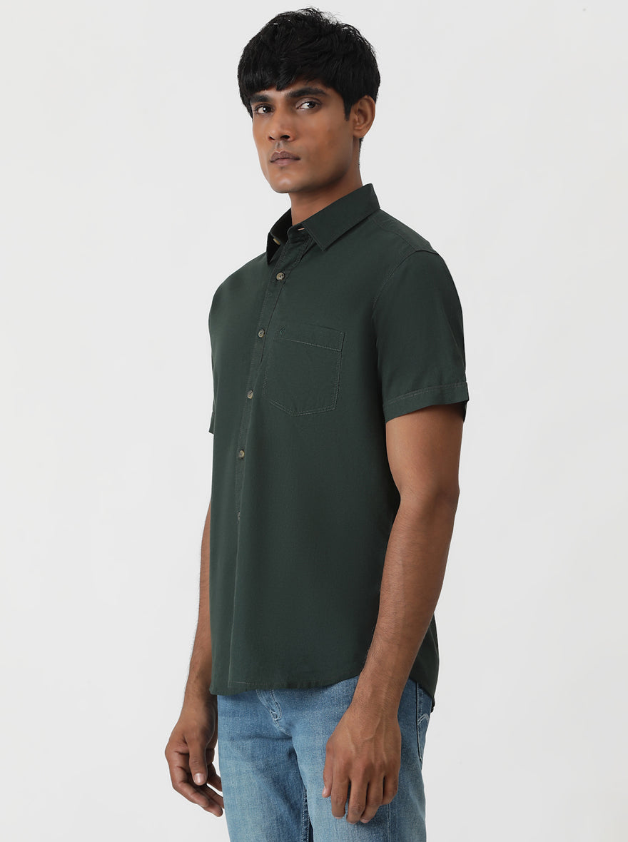 Olive Green Solid Slim Fit Casual Shirt | Greenfibre