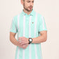 Sea Green & White Striped Slim Fit Polo T-Shirt | JadeBlue