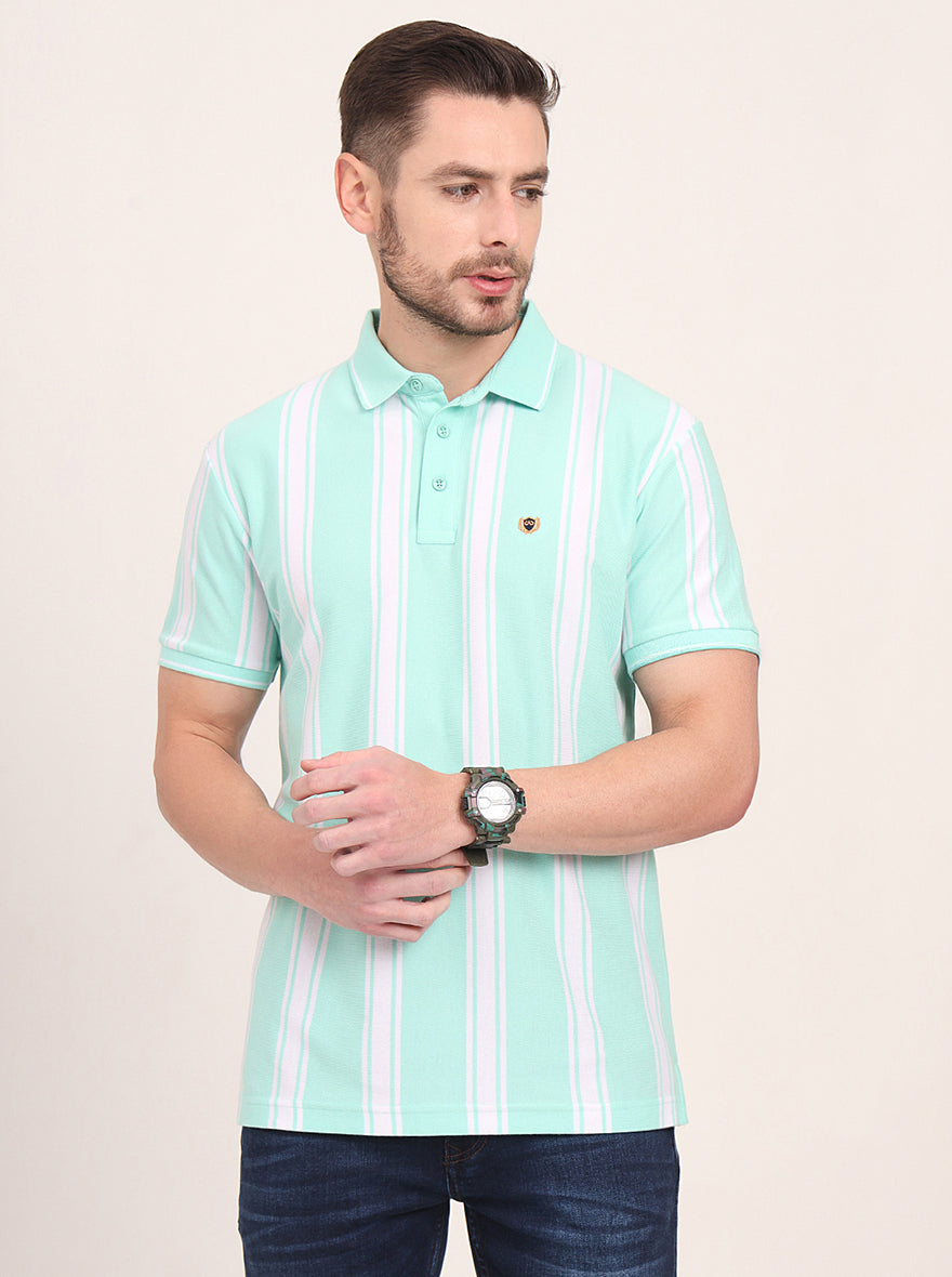 Sea Green & White Striped Slim Fit Polo T-Shirt | JadeBlue