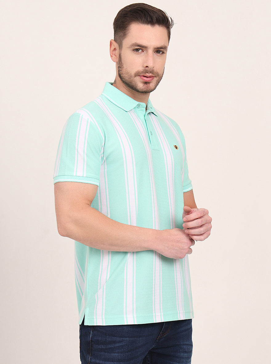 Sea Green & White Striped Slim Fit Polo T-Shirt | JadeBlue