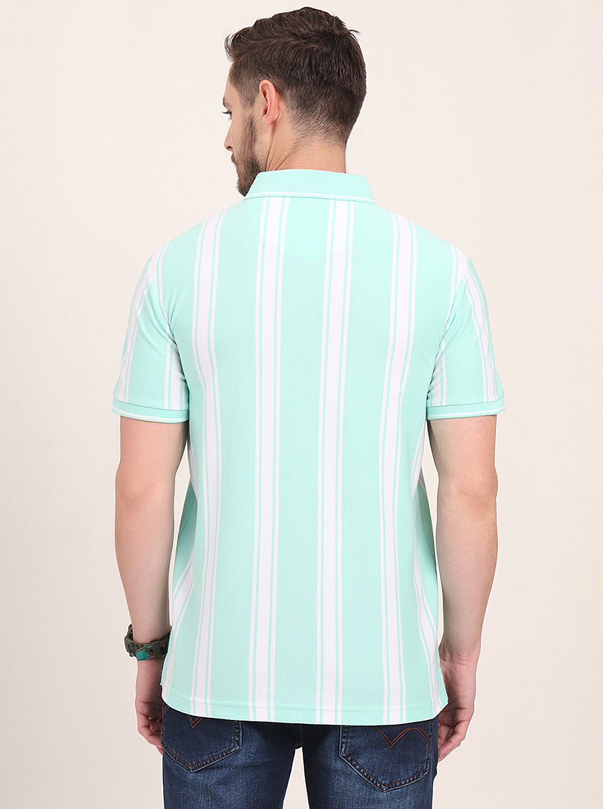 Sea Green & White Striped Slim Fit Polo T-Shirt | JadeBlue