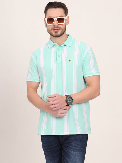 Sea Green & White Striped Slim Fit Polo T-Shirt | JadeBlue