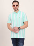 Sea Green & White Striped Slim Fit Polo T-Shirt | JadeBlue