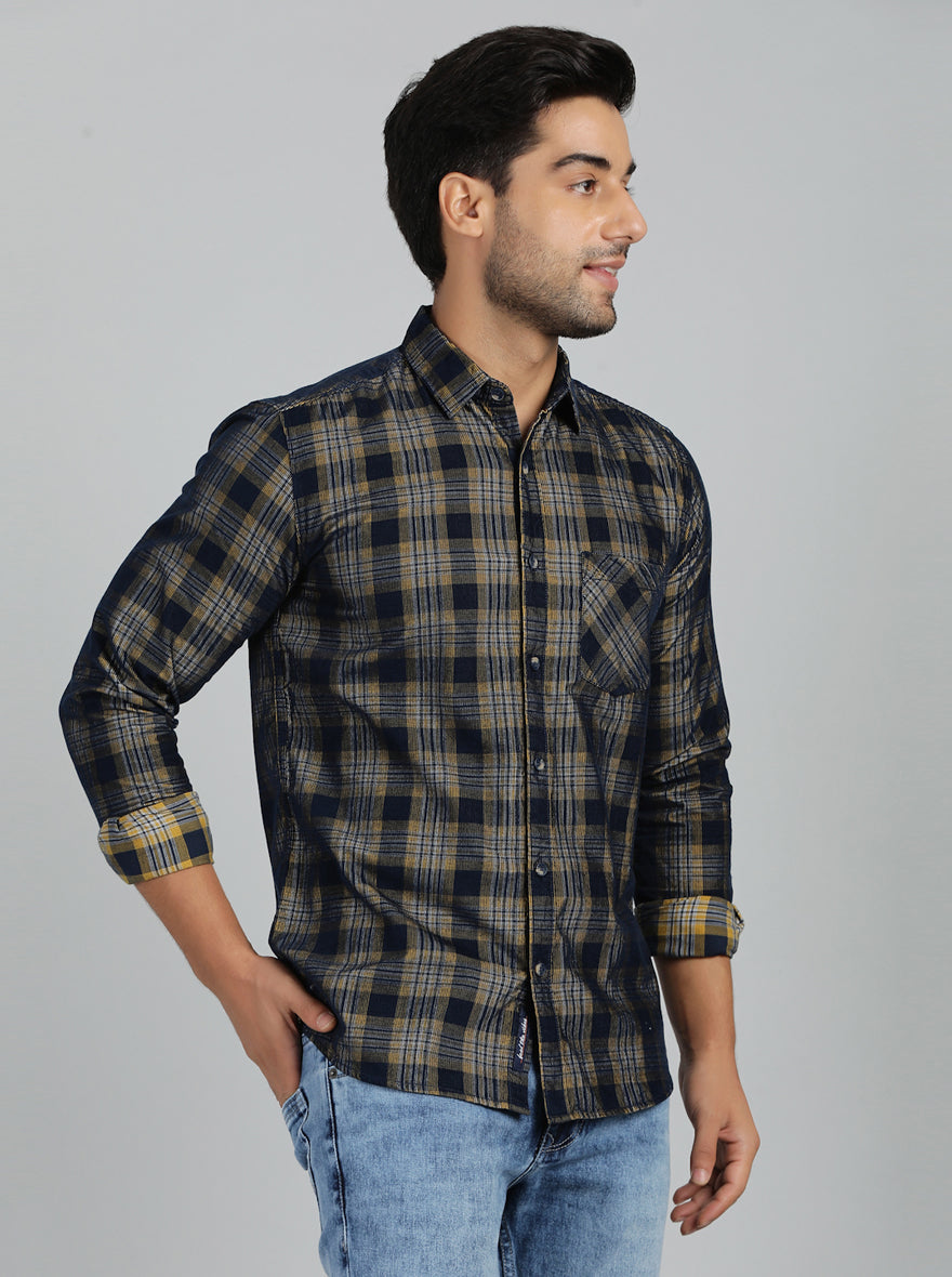 Yellow & Blue Checked Slim Fit Casual Shirt | JadeBlue