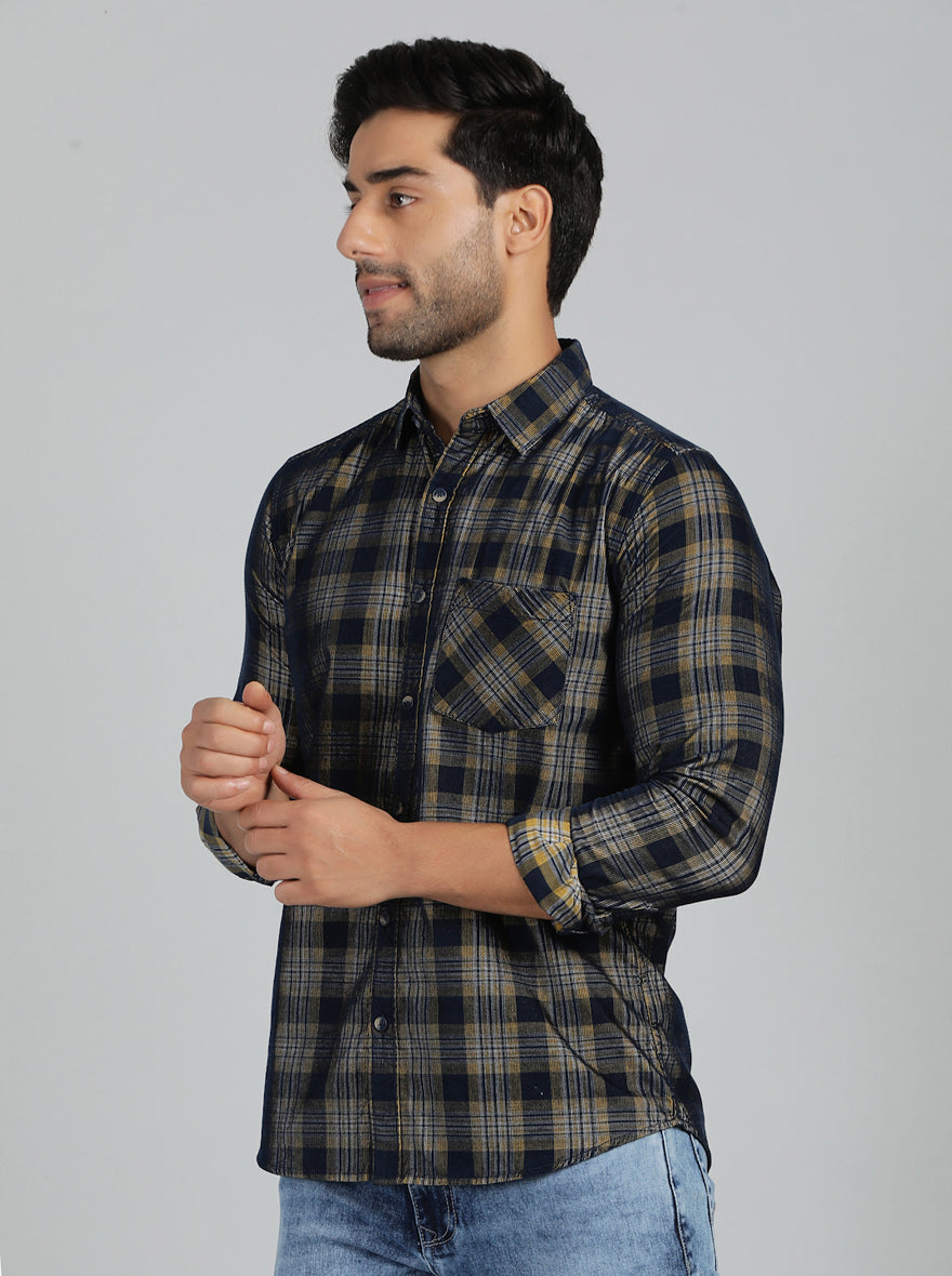 Yellow & Blue Checked Slim Fit Casual Shirt | JadeBlue