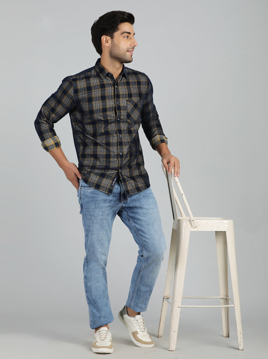 Yellow & Blue Checked Slim Fit Casual Shirt | JadeBlue