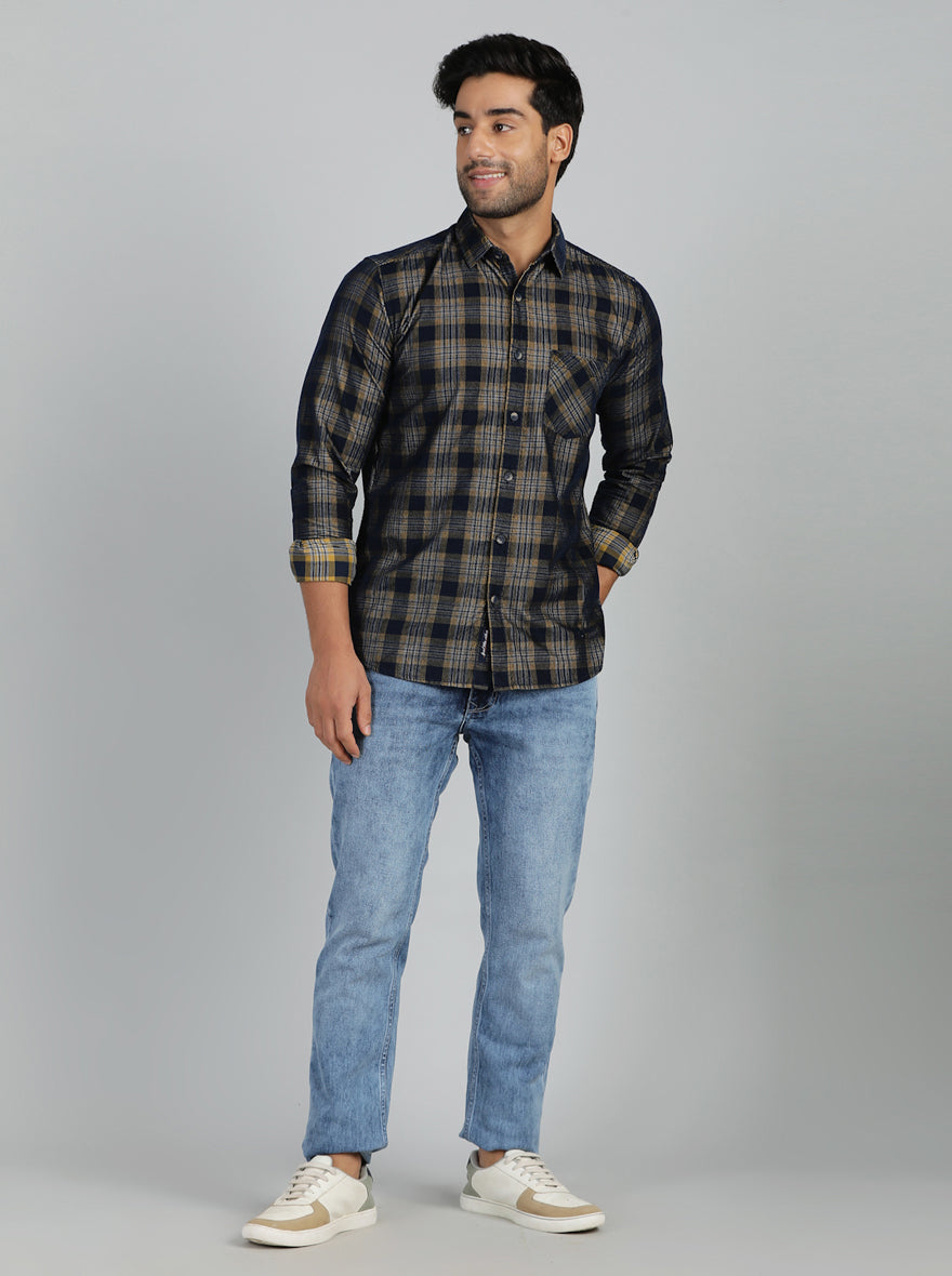Yellow & Blue Checked Slim Fit Casual Shirt | JadeBlue