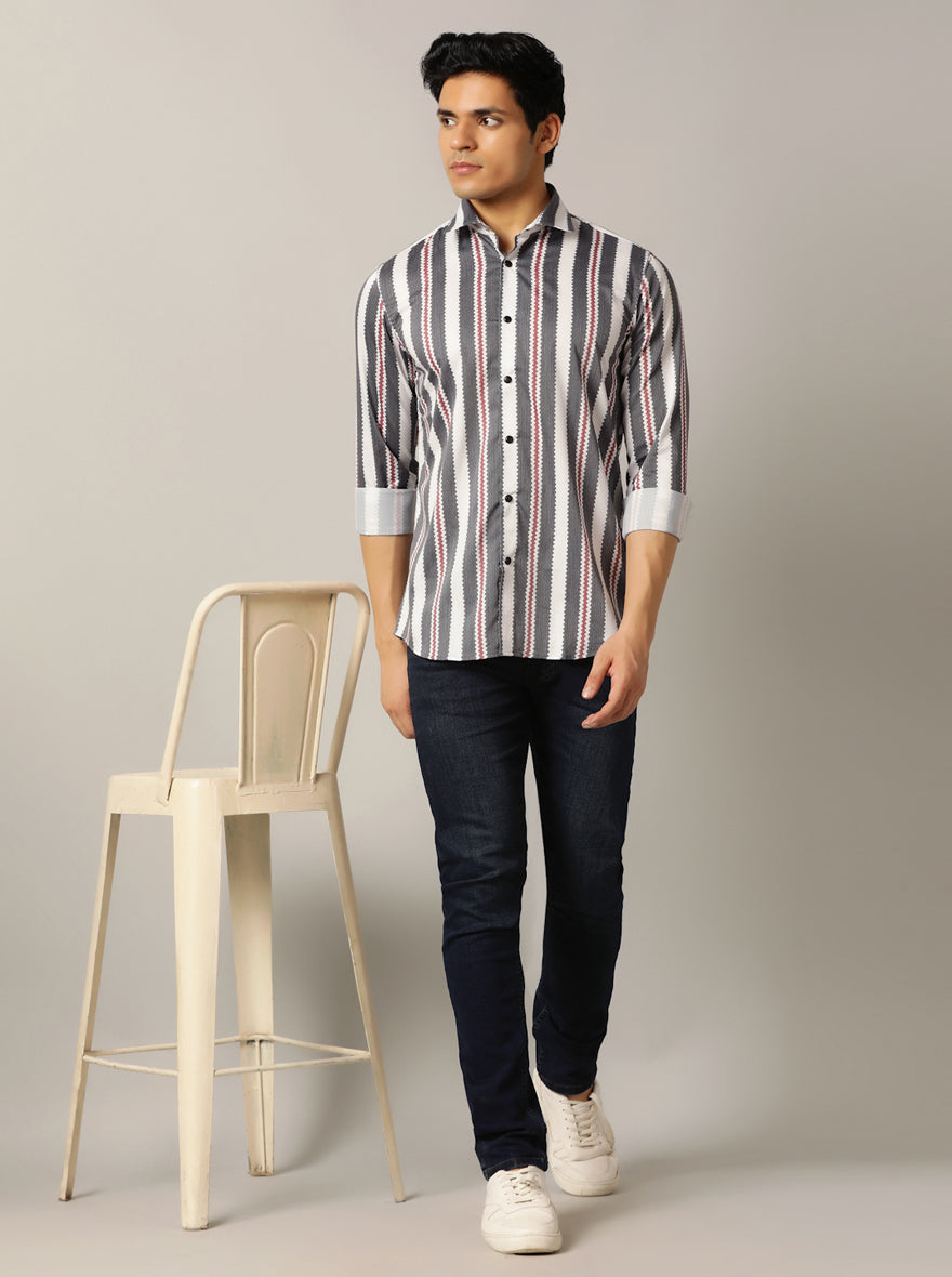 Grey Striped Slim Fit Party Wear Shirt | JB Studio