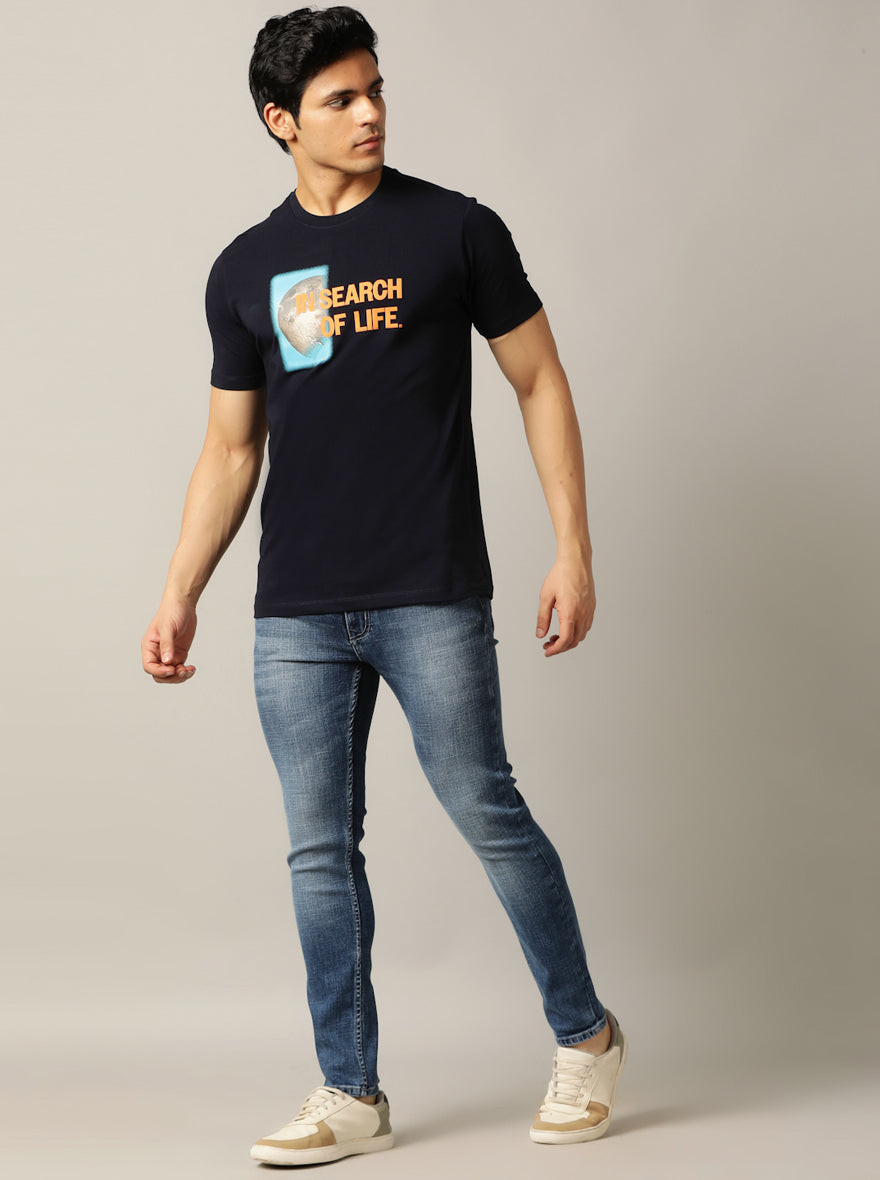 Navy Blue Printed Slim Fit T-Shirt | JadeBlue
