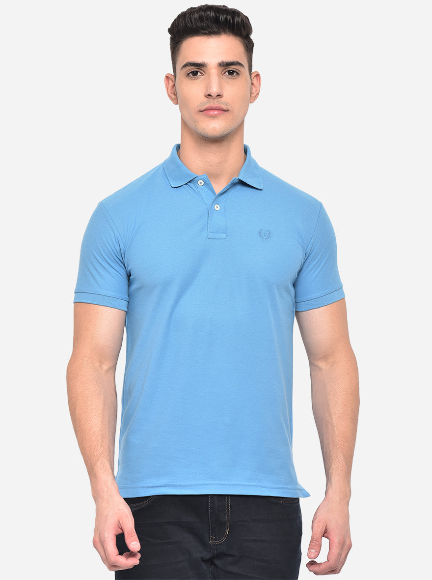 Sky Blue Solid Slim Fit Polo T-Shirt | Greenfibre