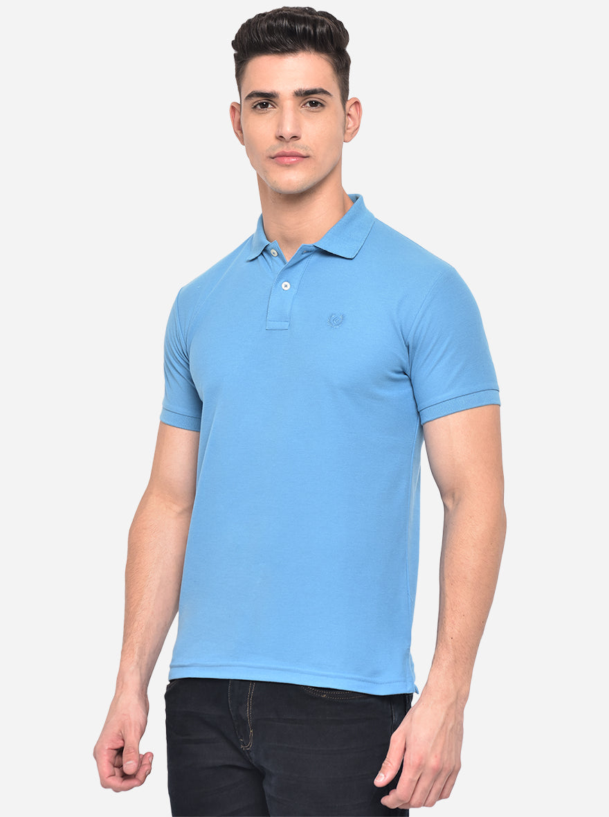 Sky Blue Solid Slim Fit Polo T-Shirt | Greenfibre