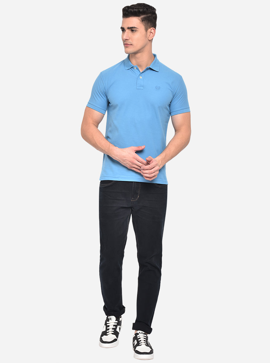 Sky Blue Solid Slim Fit Polo T-Shirt | Greenfibre