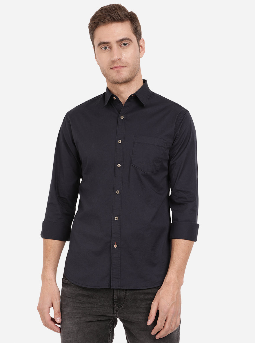 Navy Blue Solid Slim Fit Semi Casual Shirt | Greenfibre