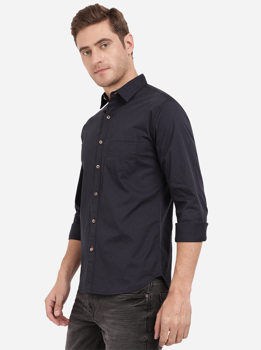 Navy Blue Solid Slim Fit Semi Casual Shirt | Greenfibre