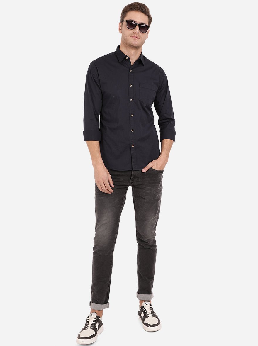 Navy Blue Solid Slim Fit Semi Casual Shirt | Greenfibre