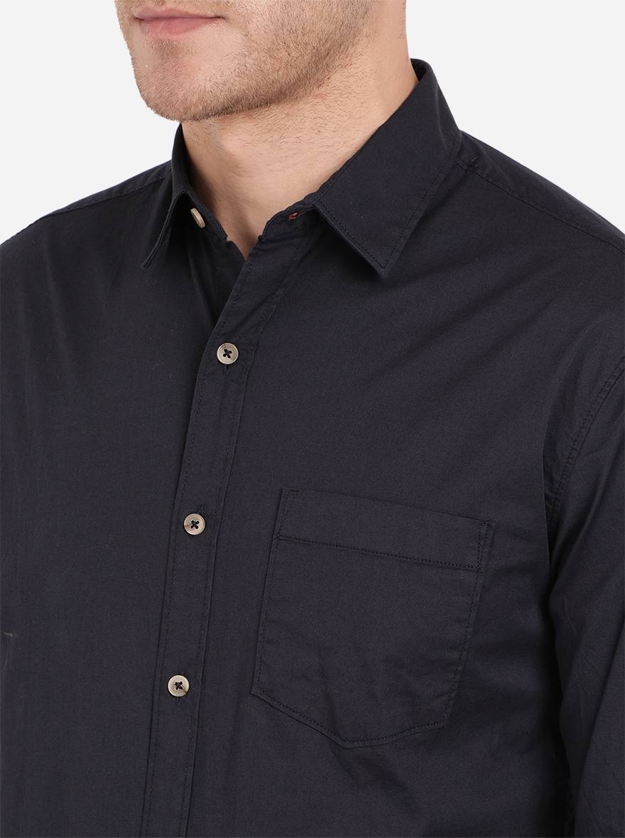 Navy Blue Solid Slim Fit Semi Casual Shirt | Greenfibre