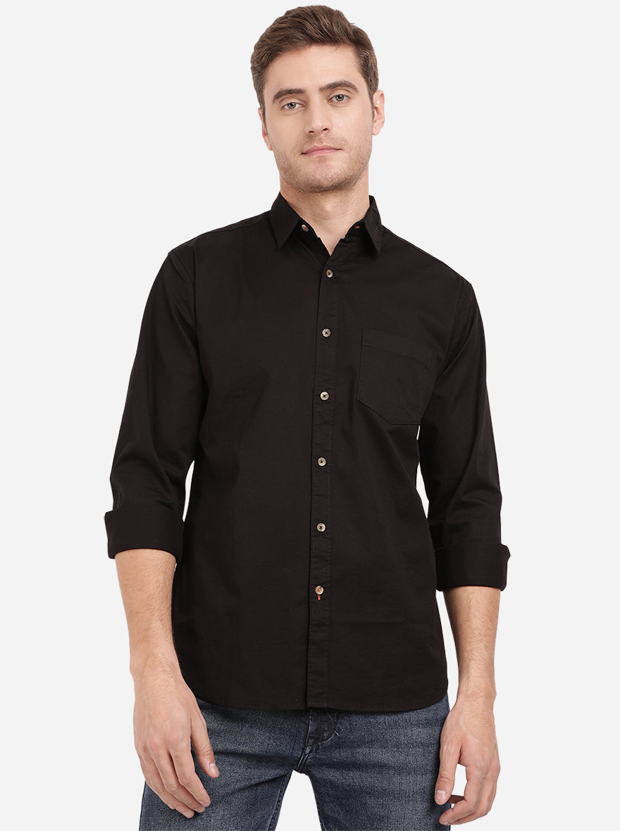 Jet Black Solid Slim Fit Semi Casual Shirt | Greenfibre