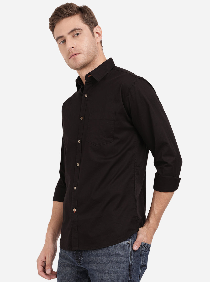 Jet Black Solid Slim Fit Semi Casual Shirt | Greenfibre