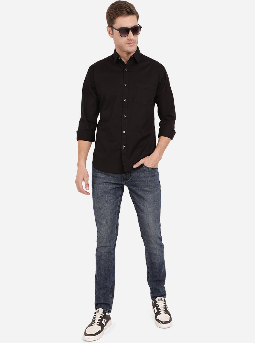 Jet Black Solid Slim Fit Semi Casual Shirt | Greenfibre