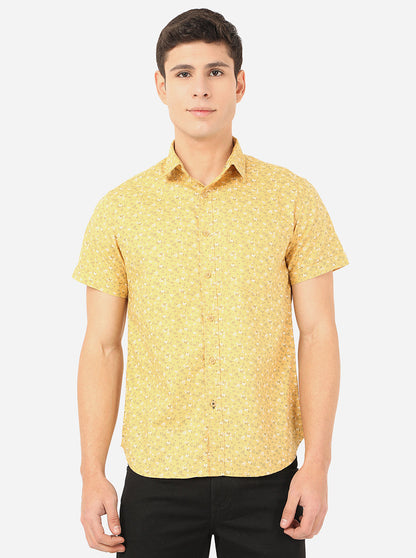 Mustard Yellow Printed Slim Fit Semi Casual Shirt | Greenfibre