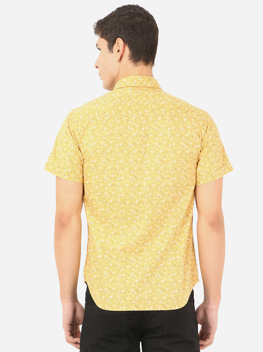 Mustard Yellow Printed Slim Fit Semi Casual Shirt | Greenfibre