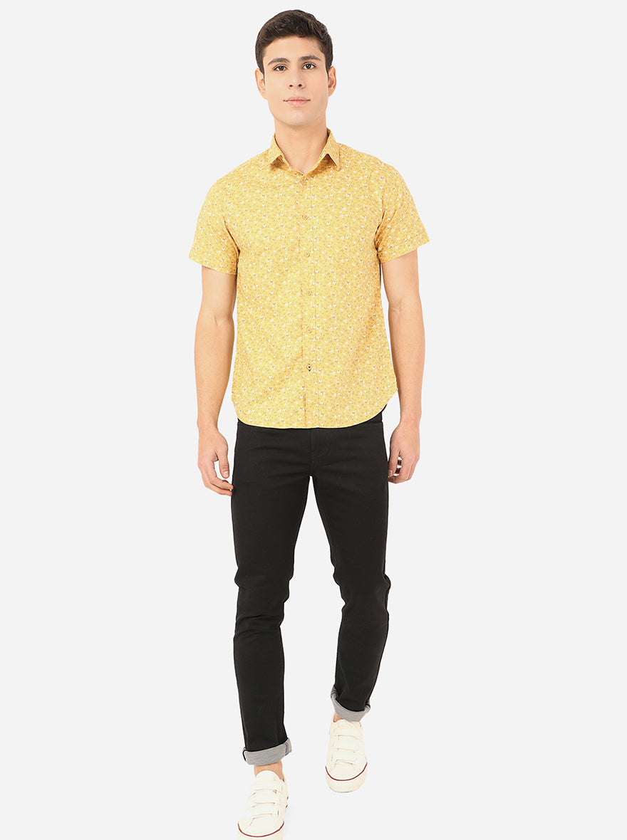 Mustard Yellow Printed Slim Fit Semi Casual Shirt | Greenfibre