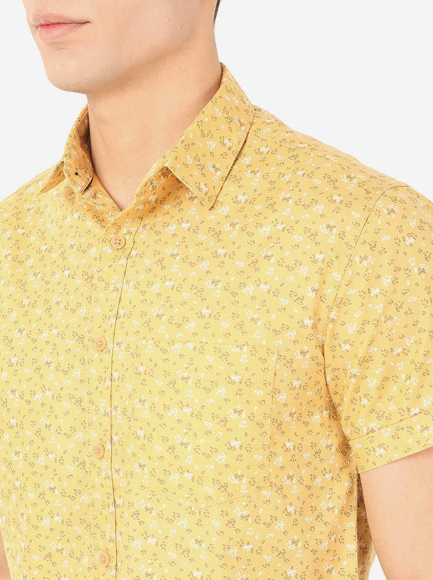 Mustard Yellow Printed Slim Fit Semi Casual Shirt | Greenfibre