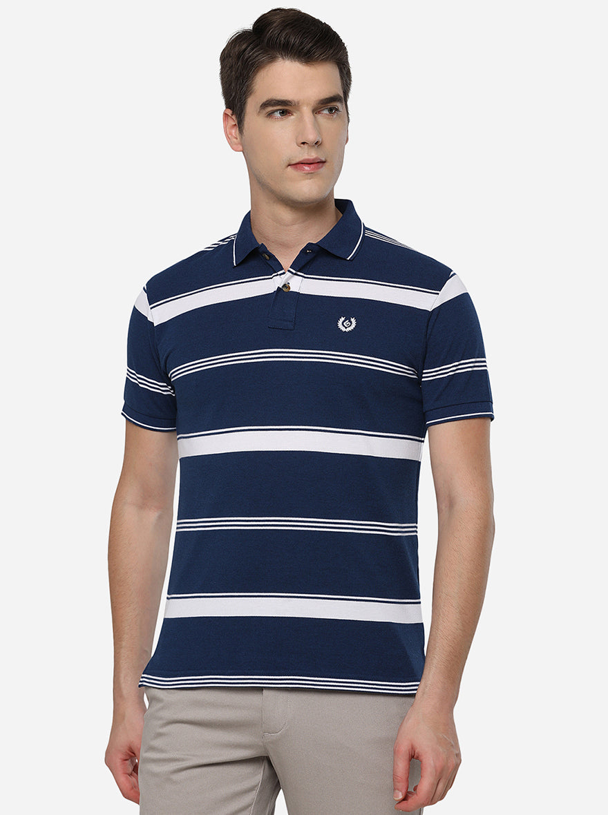 White & Blue Striped Slim Fit Polo T-Shirt | Greenfibre